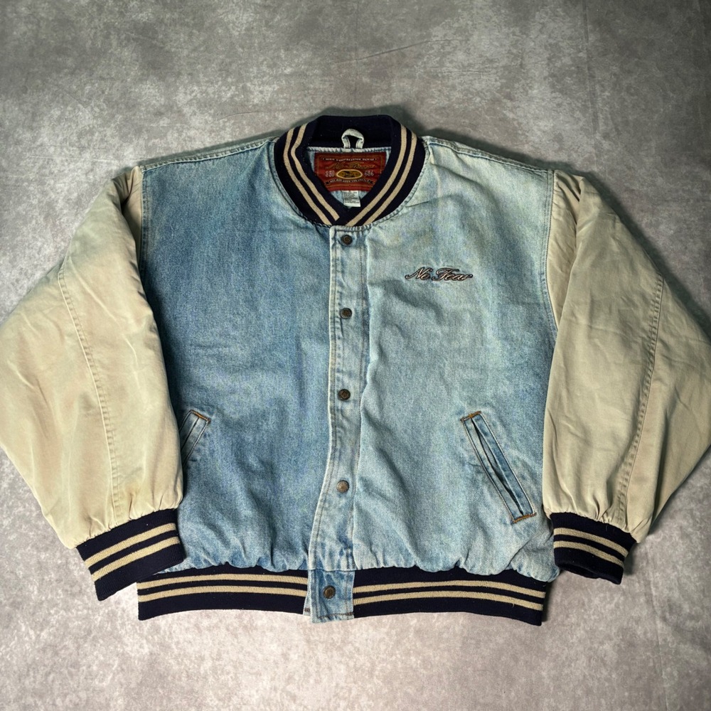 Vintage No Fear 350 Series 454 Denim Varsity Jacket Mens XL Blue Bomber 90s